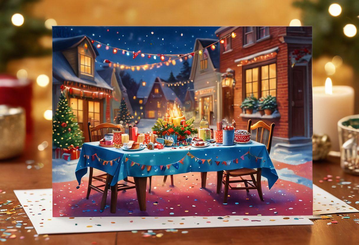 A whimsical scene featuring a variety of custom greeting cards with playful and heartwarming designs, scattered on a cozy table. Each card should showcase unique, colorful illustrations and personalized messages, bringing a sense of joy and amusement. Background elements like confetti, ribbons, and small gifts should complement the festive atmosphere. super-realistic. vibrant colors. warm lighting.