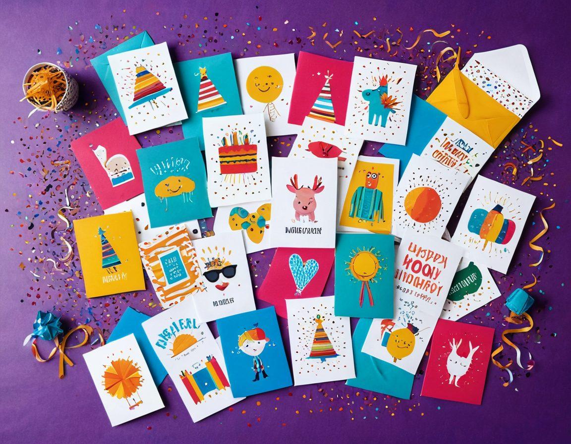 A colorful and eclectic array of hilarious, novelty greeting cards displayed in an artistic manner. Each card has a unique, quirky design featuring humorous illustrations, witty texts, and playful colors. The cards are set against a joyous backdrop of confetti and streamers, evoking a festive and celebratory vibe. super-realistic. vibrant colors. white background.